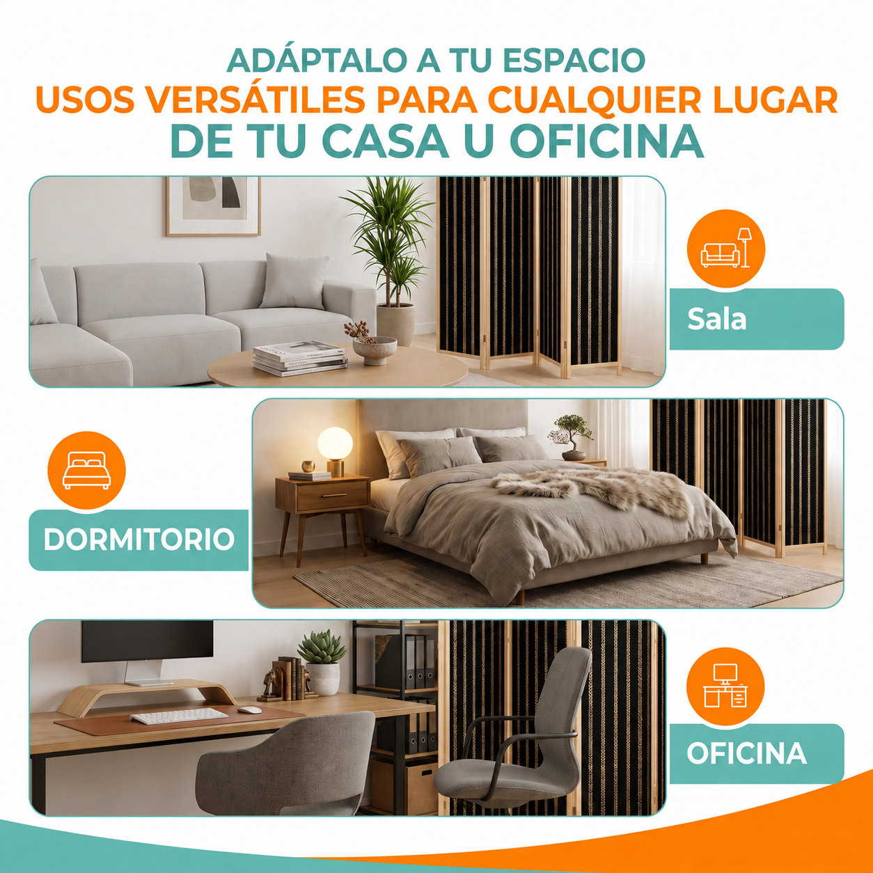 Biombo separador de ambientes plegable 4 paneles - negro