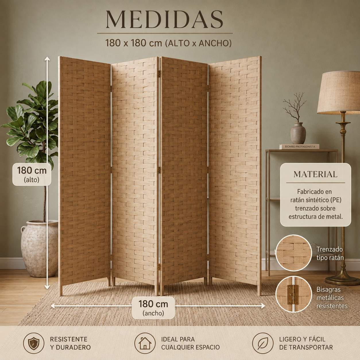 Biombo separador de ambientes plegable 4 paneles - cafe
