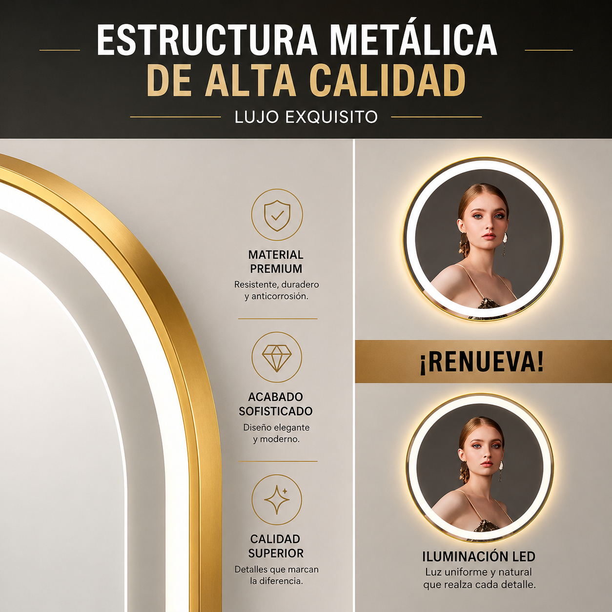 Espejo Circular Dorado con Luz LED dorado