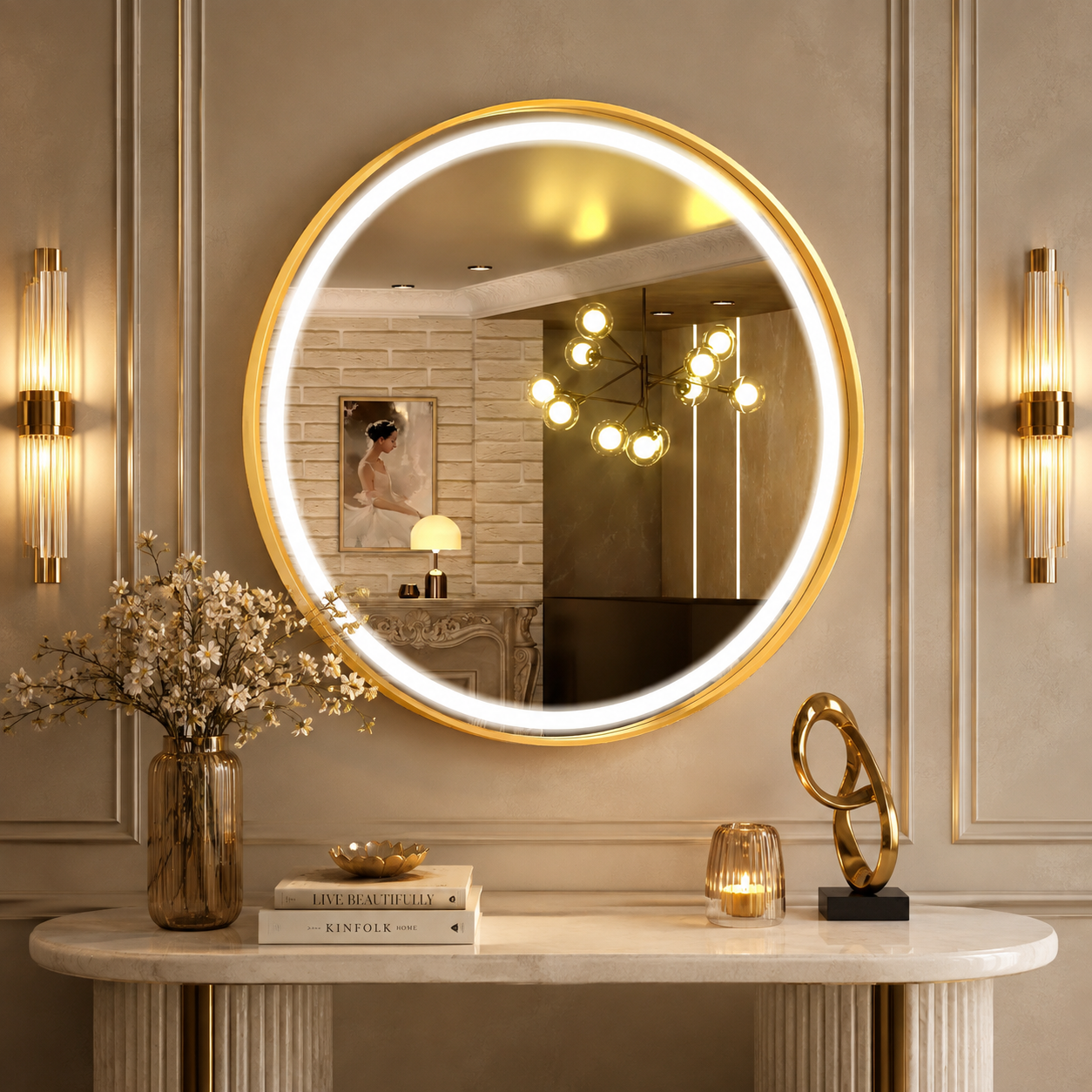 Espejo Circular Dorado con Luz LED dorado
