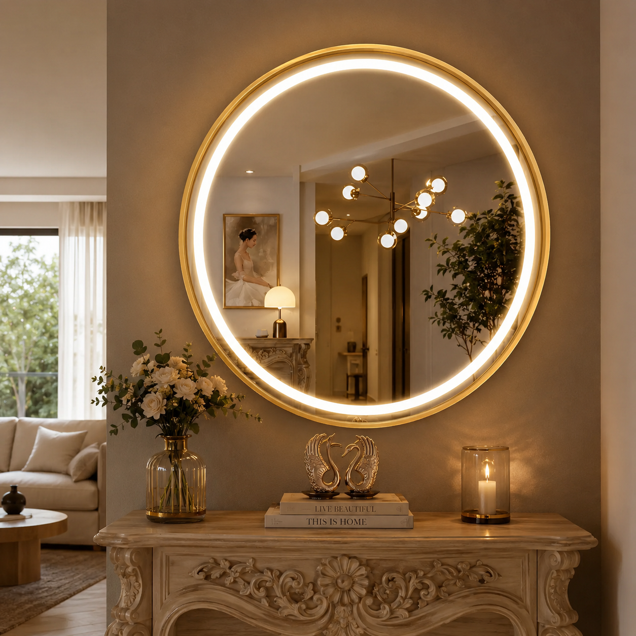 Espejo Circular Dorado con Luz LED dorado