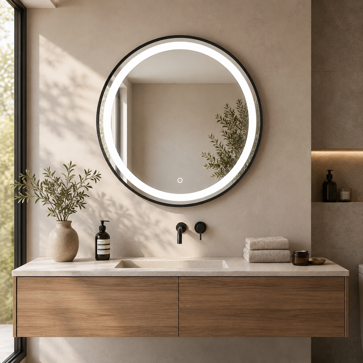 Espejo Circular Dorado con Luz LED negro