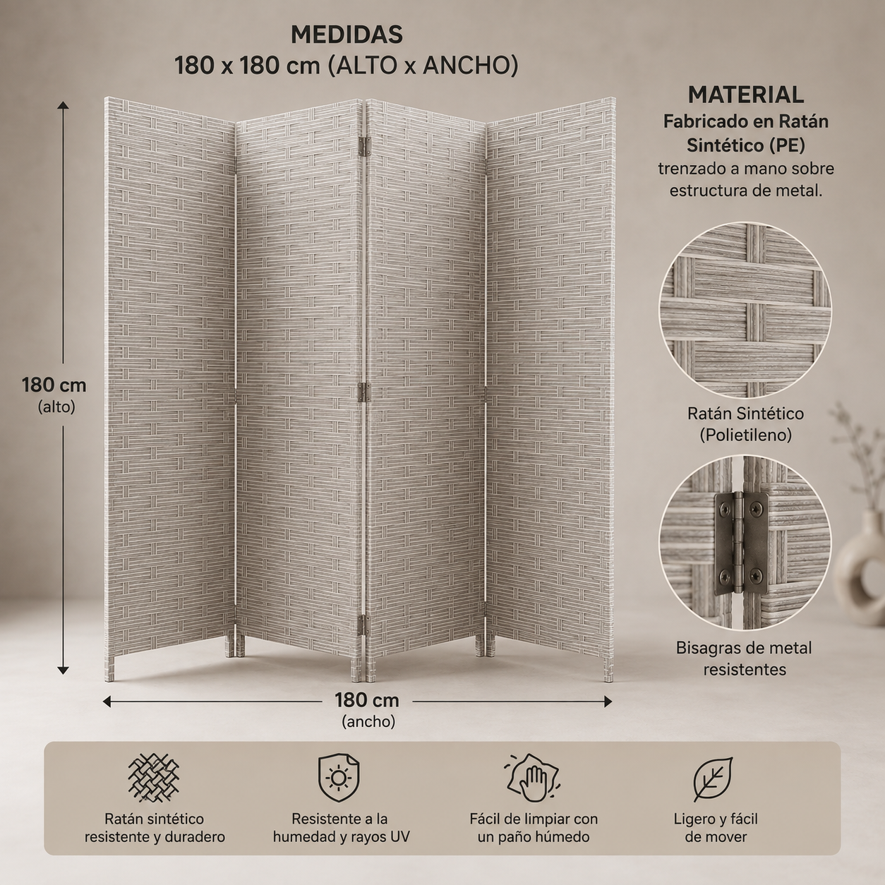 Biombo separador de ambientes plegable 4 paneles - gris