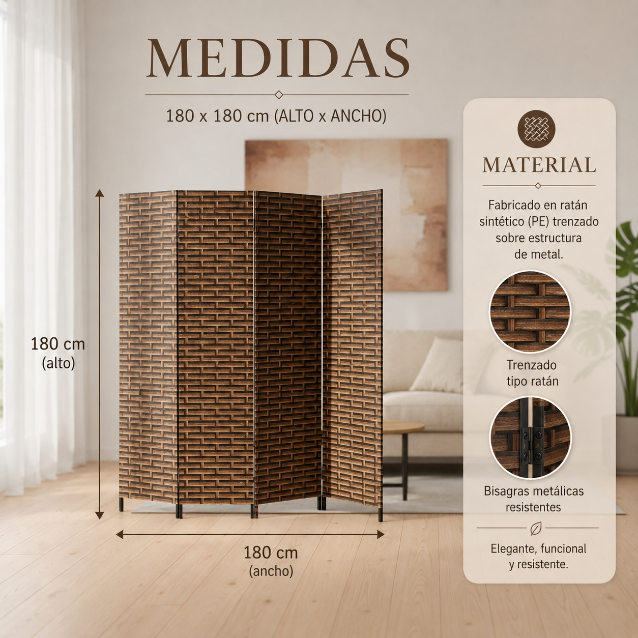 Biombo separador de ambientes plegable 4 paneles - cafe/negro