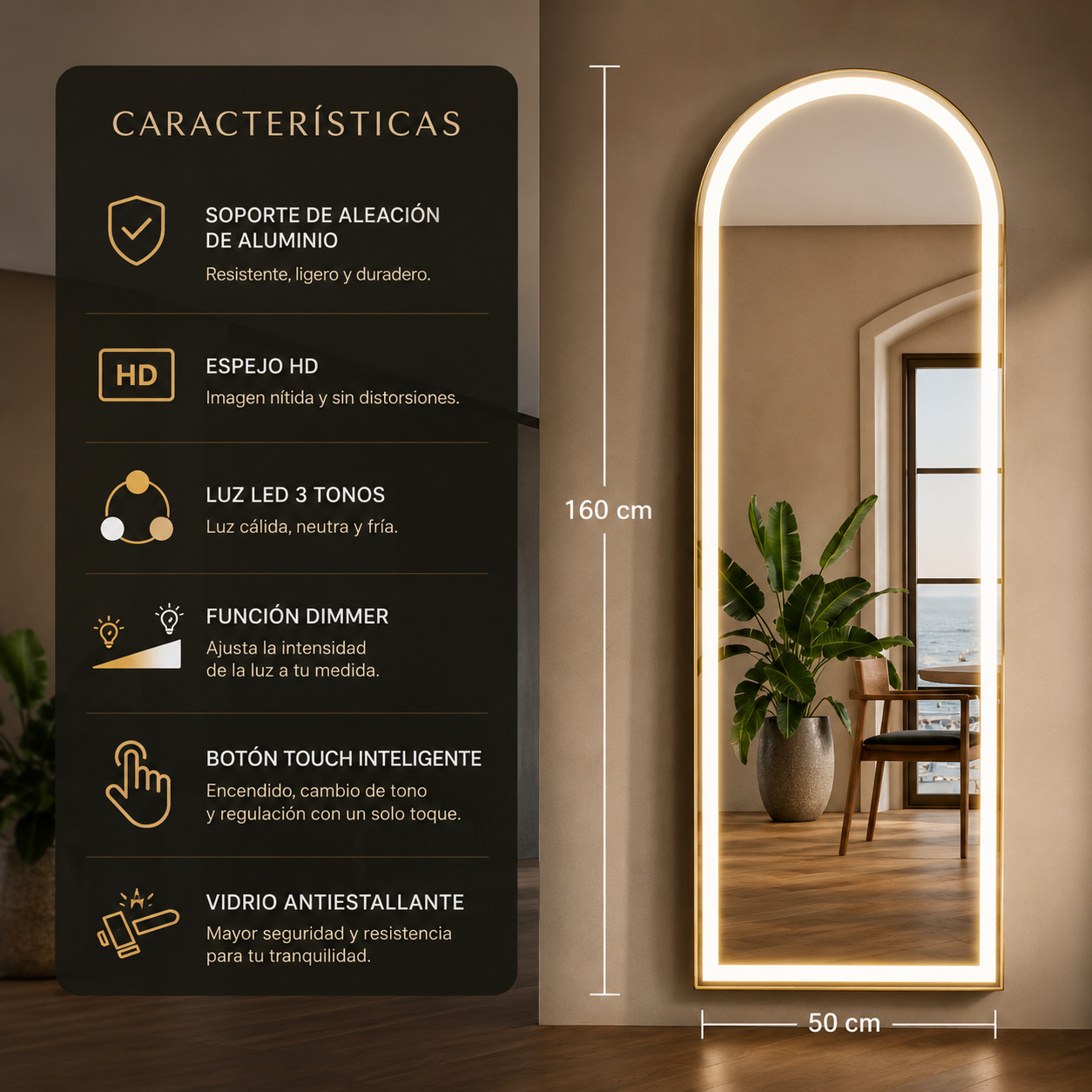 Espejo Aura LED – Pedestal 160 × 50 cm