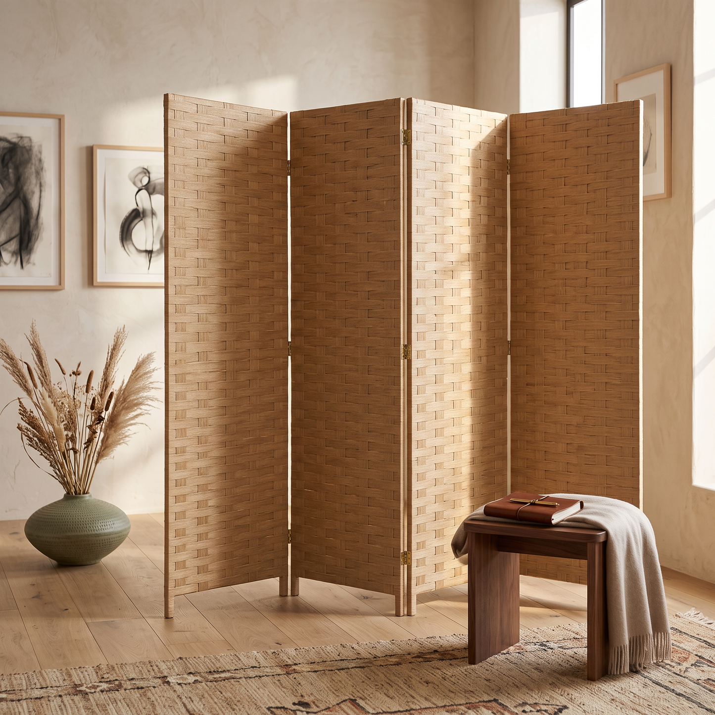 Biombo separador de ambientes plegable 4 paneles - cafe