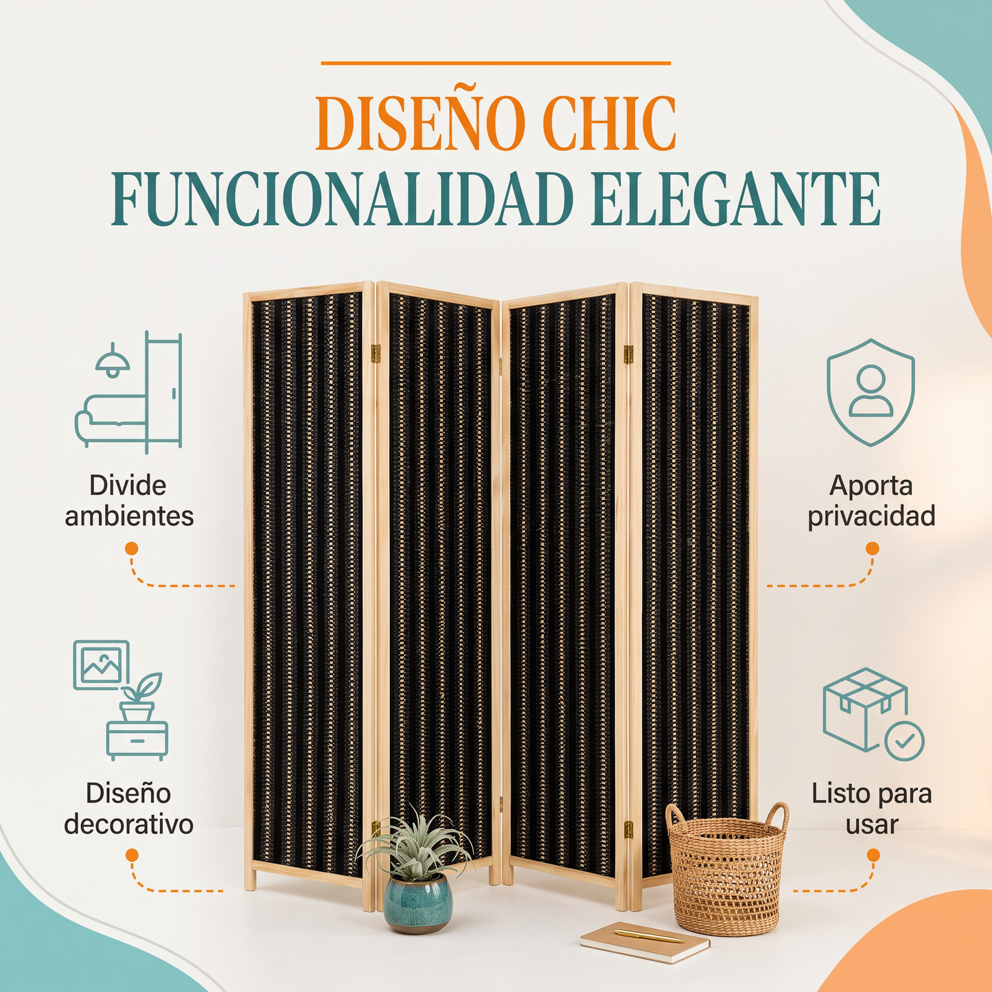 Biombo separador de ambientes plegable 4 paneles - negro
