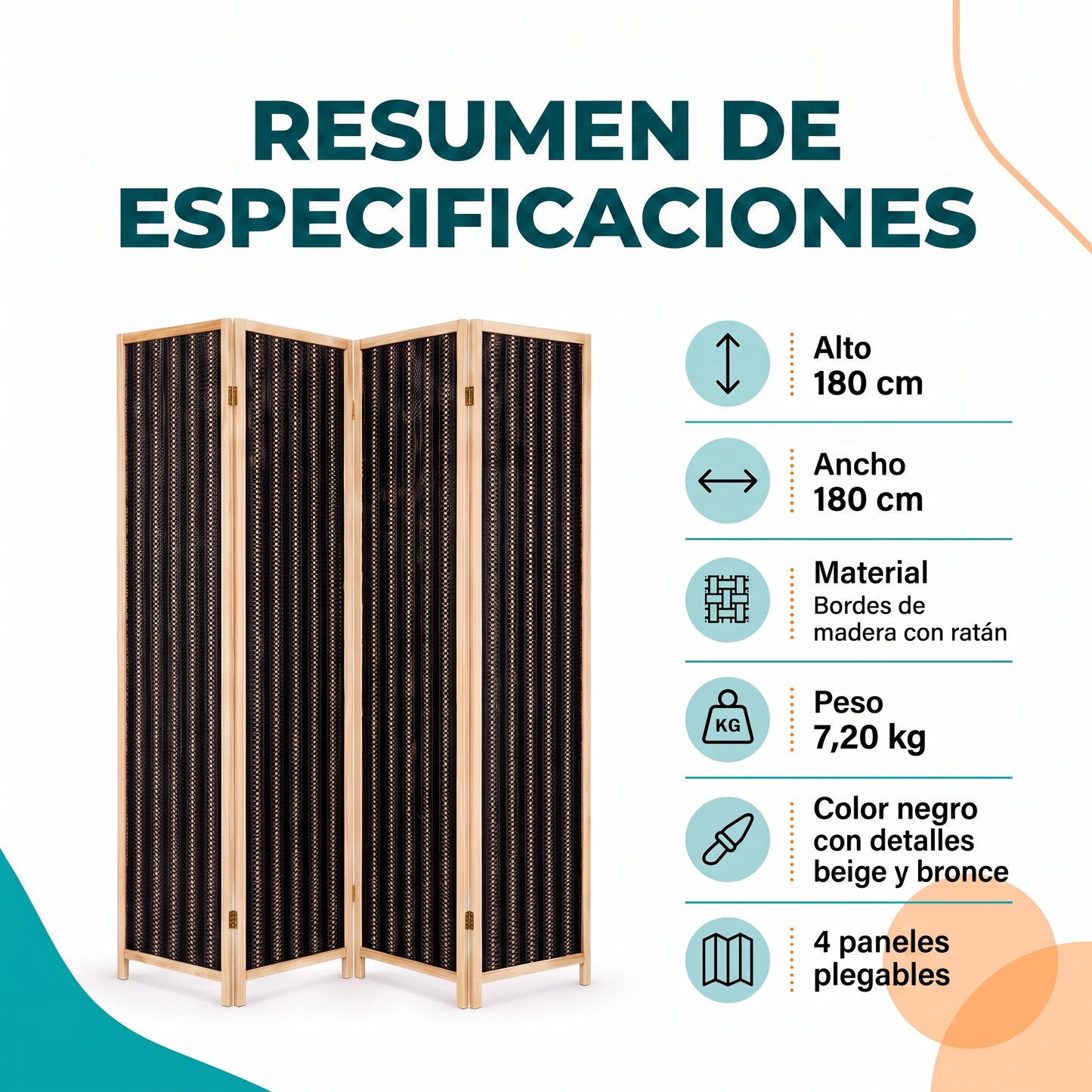 Biombo separador de ambientes plegable 4 paneles - negro